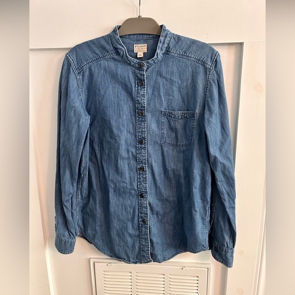 Filson Denim Shirt 20049639 Indigo Blue Jean Band Collar Washed Banded